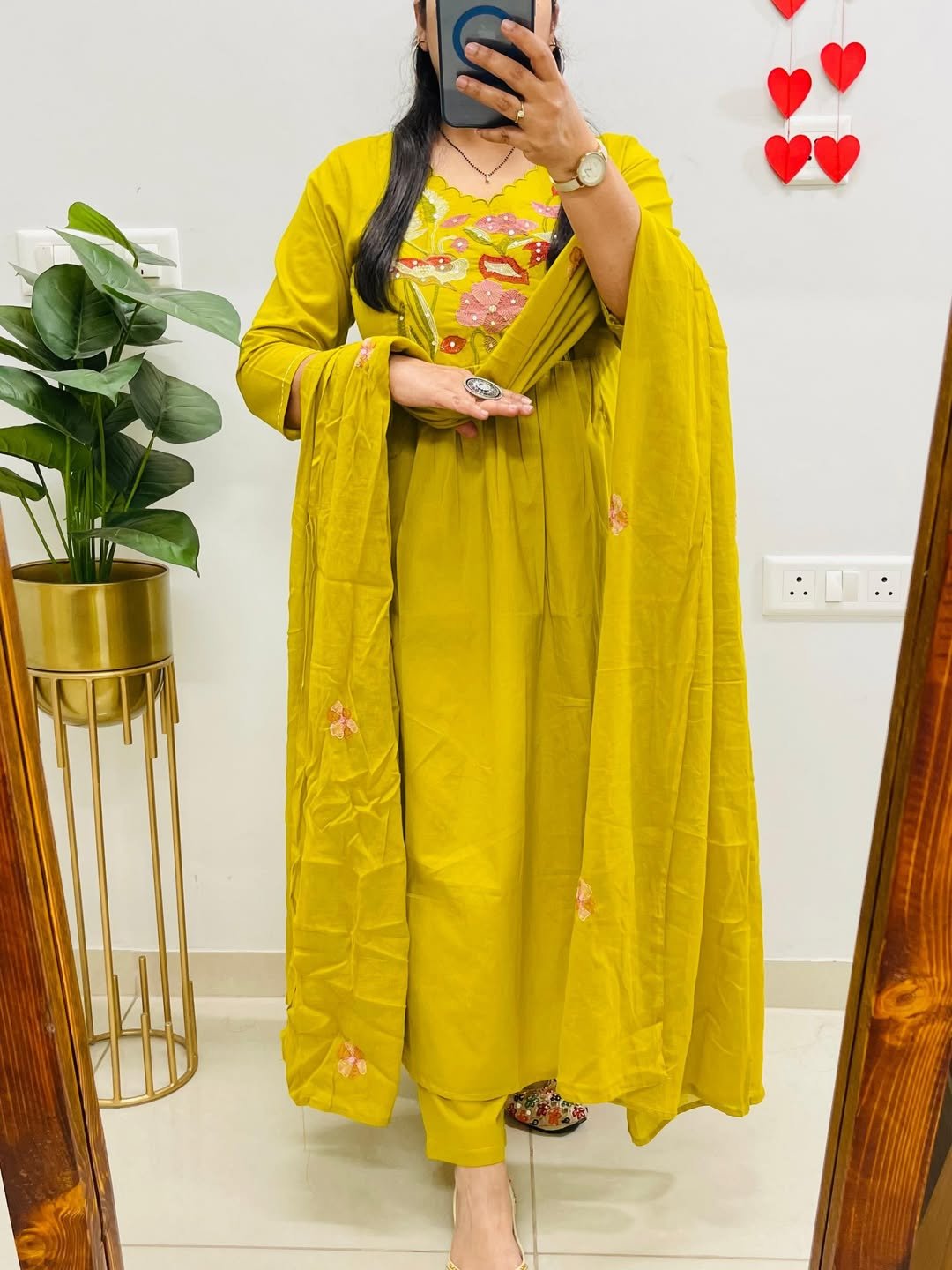 Yellow Anarkali Cotton Embroidered Suit Set